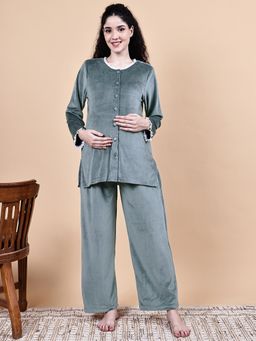 Secret Wish - Grey Solid Velvet Winter Maternity Shirt & Pant Night Suit