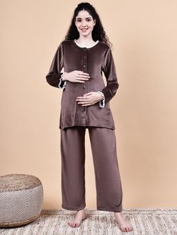 Secret Wish - Brown Solid Velvet Winter Maternity Shirt & Pant Night Suit