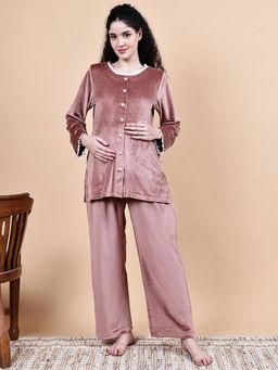 Secret Wish - Pink Solid Velvet Winter Maternity Shirt & Pant Night Suit