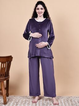 Secret Wish - Purple Solid Velvet Winter Maternity Shirt & Pant Night Suit