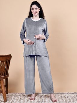 Secret Wish - Silver Solid Velvet Winter Maternity Shirt & Pant Night Suit