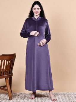 Secret Wish - Purple Solid Velvet Winter Maternity Nighty