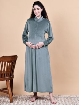 Secret Wish - Grey Solid Velvet Winter Maternity Nighty