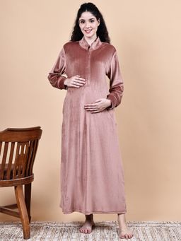 Secret Wish - Pink Solid Velvet Winter Maternity Nighty
