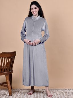 Secret Wish - Silver Solid Velvet Winter Maternity Nighty