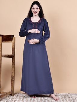 Secret Wish - Navy Blue Solid Velvet Winter Maternity Nighty