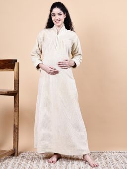 Secret Wish - Cream Solid Fur Winter Maternity Nighty