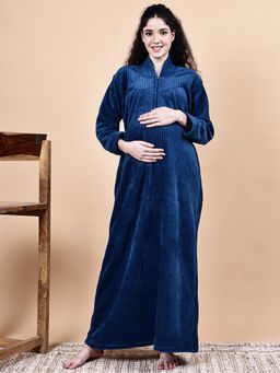 Secret Wish - Navy Blue Solid Fur Winter Maternity Nighty