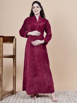 Secret Wish - Maroon Solid Fur Winter Maternity Nighty