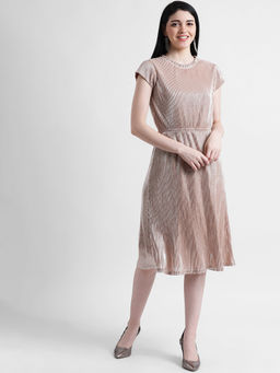 Zink London - Beige Self Design A-Line Dress