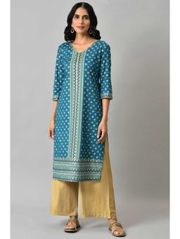 Aurelia - Blue Floral Printed Sequined Ethnic Liva Kurta