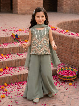 Autumnlane - Joy Sage Embroidery Kids Top with Palazzo & Dupatta