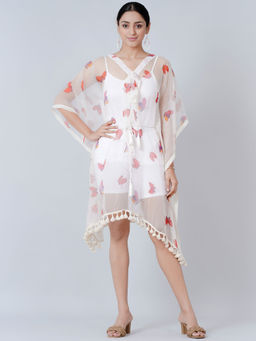 First Resort by Ramola Bachchan - White Butterfly Mid Length Kaftan