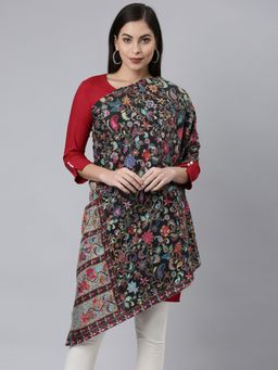 Pashmoda - Women Black Pure Wool Kalamkari Shawl