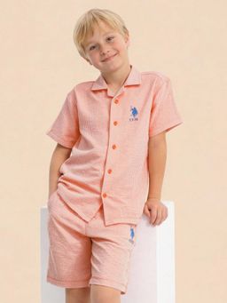 U.S. POLO ASSN. - Boys Vertical Striped Seersucker Orange Shirt