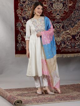 Aurelia - Off-White Dori Embroidered Flared Kurta, Trouser and Dupatta (Set of 3)
