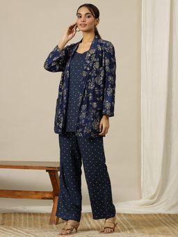 Aurelia - Blue Foil Floral Printed Blazer, Spaghetti Kurti and Trouser (Set of 3)