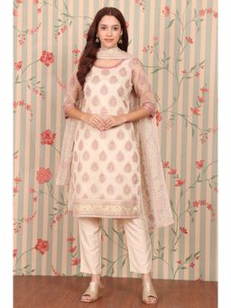 Aurelia - Beige Abstract Printed Embroidered Kurta, Trousers and Dupatta Set (Set of 3)
