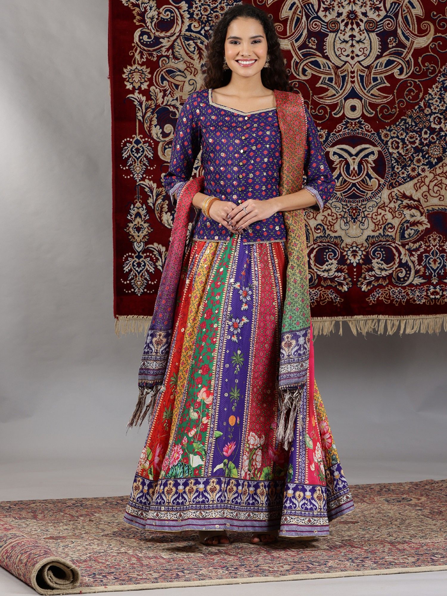 Purple Printed Embellished Top and Flared Skirt with Dupatta (Set of 3)-image-12