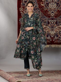 Aurelia - Black Floral Printed Kota Panelled Kurta and Pant with Dupatta (Set of 3)