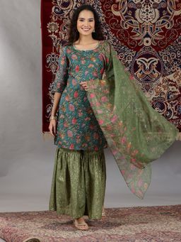 Aurelia - Teal Green Floral Printed Straight Kurta and Sharara with Dupatta (Set of 3)