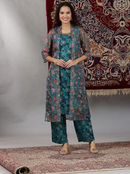 Aurelia - Teal Floral Printed Pure Cotton Sleeveless Kurta and Pant with Gilet (Set of 3)