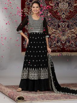 Aurelia - Black Zari Embroidered Flared Kurta and Pleated Skirt with Dupatta (Set of 3)