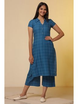Aurelia - Blue Checker Cotton Kurta and Culottes Set (Set of 2)