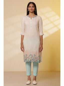 Aurelia - Off-White Striped Band Collar Kurta and Pant (Set of 2)