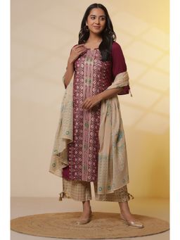 Aurelia - Purple Foil Printed Sequined Liva Kurta with Culottes and Dupatta (Set of 3)