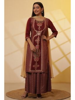 Aurelia - Maroon Floral Printed Sequined Kurta and Sharara with Chocker Dupatta (Set of 3)