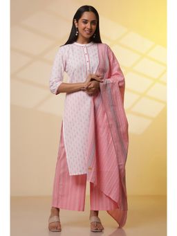 Aurelia - White and Pink Printed Cotton Kurta and Palazzo with Dupatta (Set of 3)