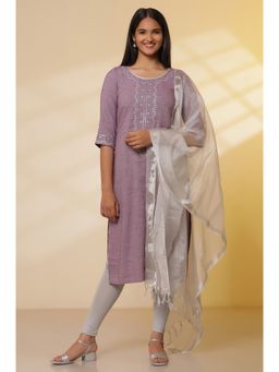 Aurelia - Purple Embroidered Kurta and Leggings with Dupatta (Set of 3)
