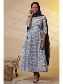 Aurelia - White Floral Printed Pure Cotton Flared Kurta and Leggings with Dupatta (Set of 3)