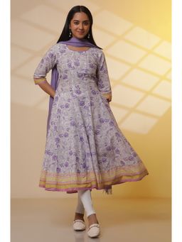 Aurelia - White Floral Printed Flared Kalidar Kurta and Leggings with Dupatta (Set of 3)