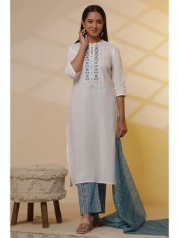 Aurelia - White Embroidered Cotton Blend Straight Kurta and Pant with Dupatta (Set of 3)