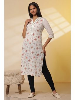 Aurelia - White Seer Sucker Floral Printed Kurta and Denim Jeggings (Set of 2)