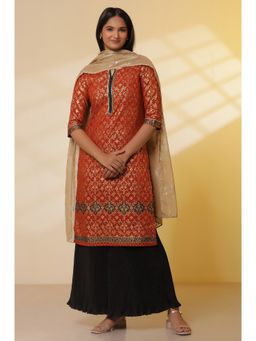 Aurelia - Orange Foil Printed Festive Kurta and Pleated Pants with Dupatta (Set of 3)