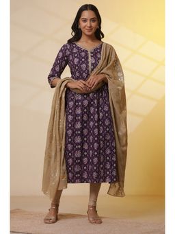 Aurelia - Purple Floral Printed Embellished Flared Kurta and Leggings with Dupatta (Set of 3)
