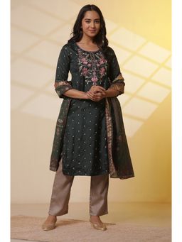 Aurelia - Green Zari Embroidered Shantung Kurta and Pant with Dupatta (Set of 3)