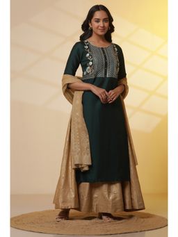 Aurelia - Dark Green Embroidered Yoke Kurta and Flared Skirts with Dupatta (Set of 3)