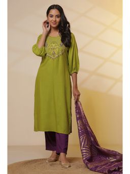Aurelia - Green Zari Embroidered Kurta and Pant with Dupatta (Set of 3)
