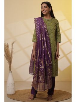 Aurelia - Green Floral Printed Embroidered Kurta and Pant with Dupatta (Set of 3)