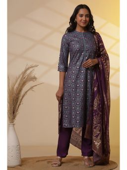 Aurelia - Purple Floral Printed Embroidered Kurta, Palazzo and Dupatta Set (Set of 3)