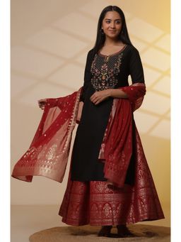 Aurelia - Black Zari Embroidered Straight Kurta and Skirt with Dupatta (Set of 3)