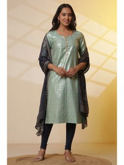 Aurelia - Green Foil Printed Embellished Kurta and Leggings with Dupatta (Set of 3)