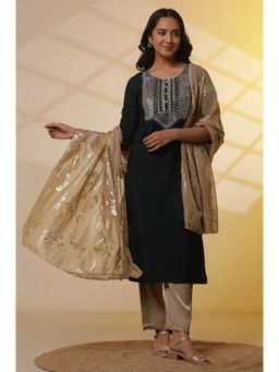 Aurelia - Black Embroidered Yoke Kurta, Gold Narrow Palazzo and Dupatta Set (Set of 3)
