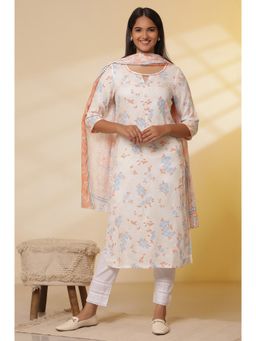 Aurelia - White Floral Printed Straight Kurta and Pant with Dupatta (Set of 3)