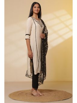 Aurelia - Beige Shantung Embroidered Straight Kurta and Pant with Dupatta (Set of 3)