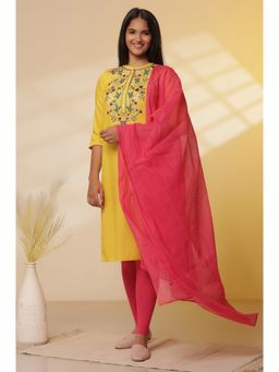 Aurelia - Yellow Embroidered Kurta and Leggings with Dupatta (Set of 3)
